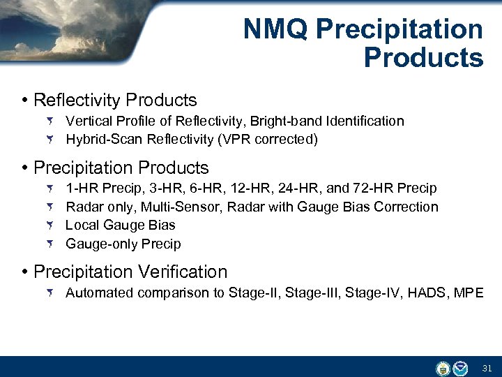 NMQ Precipitation Products • Reflectivity Products Vertical Profile of Reflectivity, Bright-band Identification Hybrid-Scan Reflectivity