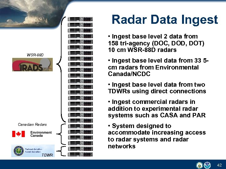  Radar Data Ingest WSR-88 D • Ingest base level 2 data from 158