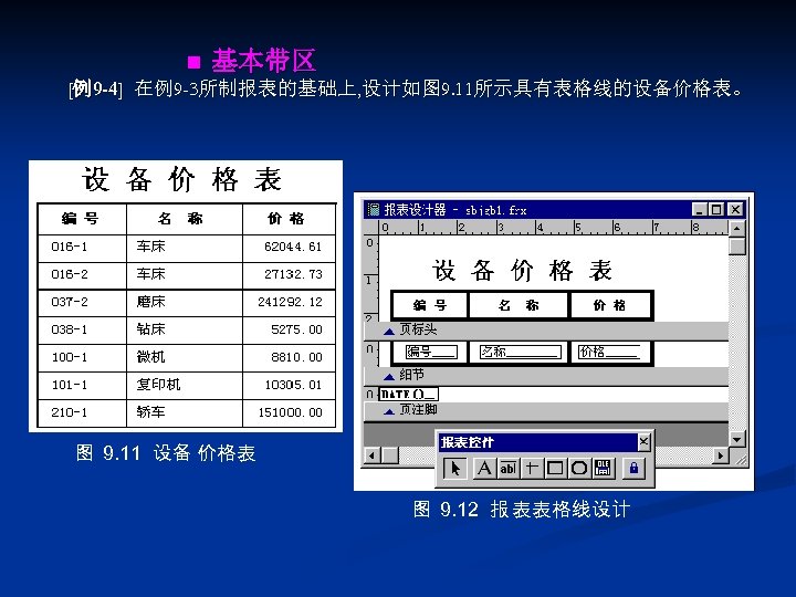 n 基本带区 [例9 -4] 在例9 -3所制报表的基础上, 设计如图 9. 11所示具有表格线的设备价格表。 图 9. 11 设备 价格表