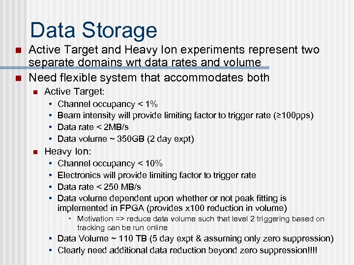 Data Storage n n Active Target and Heavy Ion experiments represent two separate domains