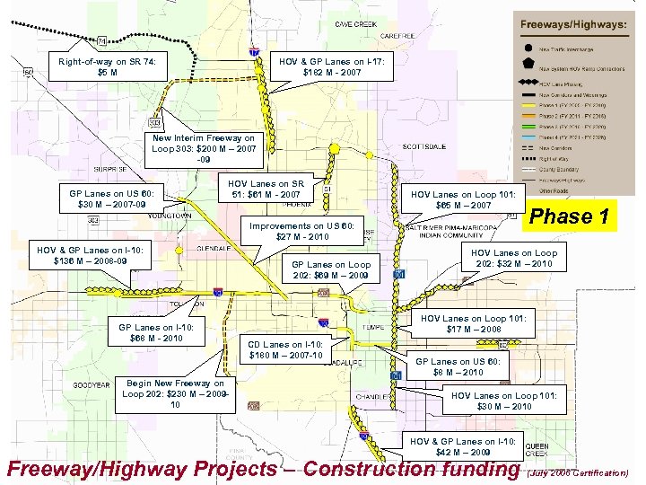 Right-of-way on SR 74: $5 M HOV & GP Lanes on I-17: $182 M