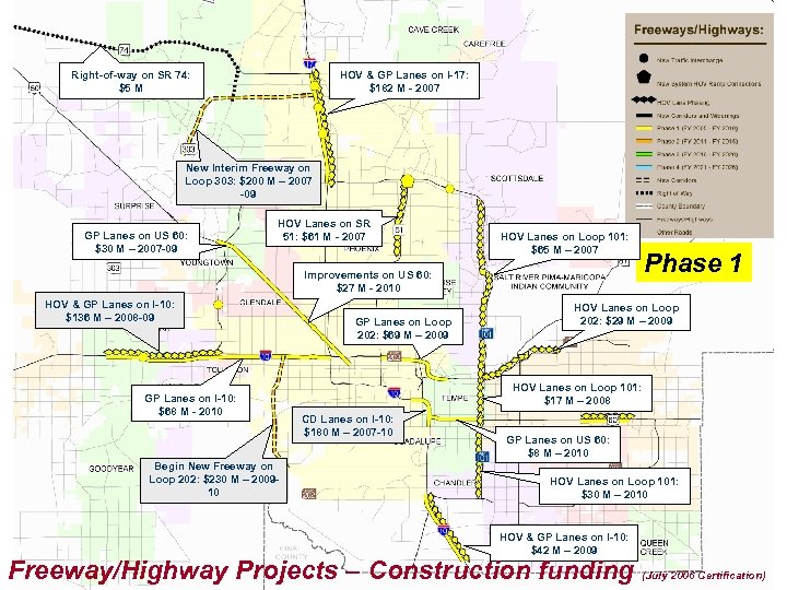 Right-of-way on SR 74: $5 M HOV & GP Lanes on I-17: $182 M