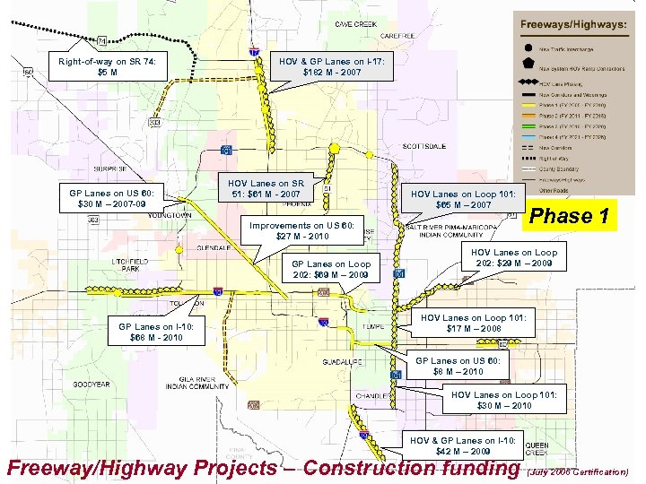 Right-of-way on SR 74: $5 M GP Lanes on US 60: $30 M –