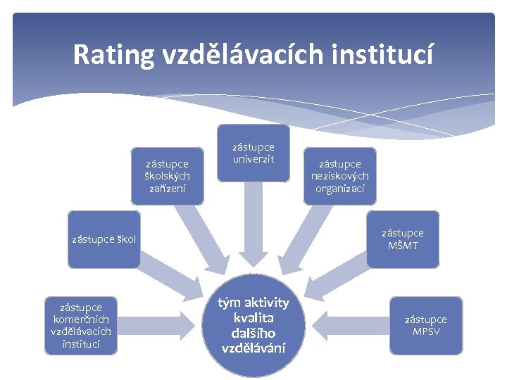 Rating vzdělávacích institucí zástupce školských zařízení zástupce univerzit zástupce MŠMT zástupce škol zástupce komerčních