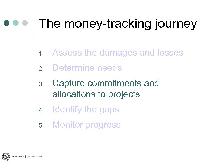 The money-tracking journey 1. Assess the damages and losses 2. Determine needs 3. Capture