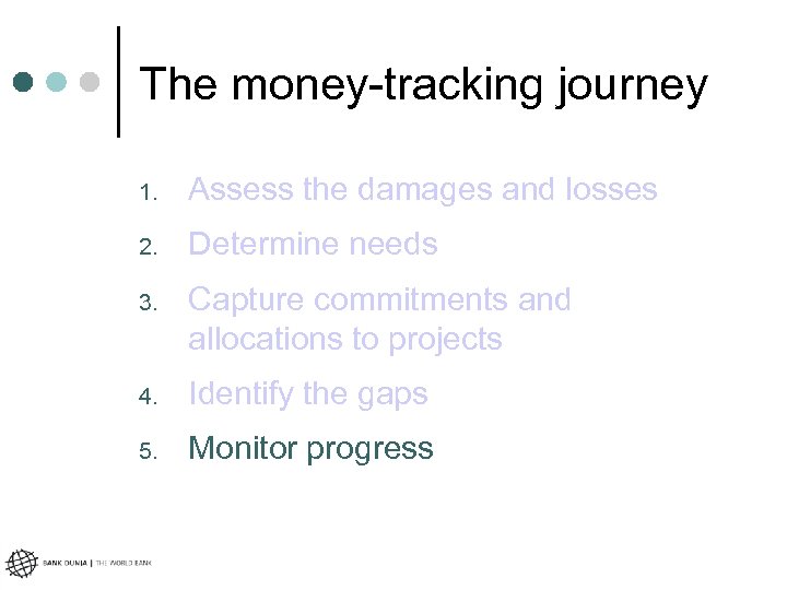 The money-tracking journey 1. Assess the damages and losses 2. Determine needs 3. Capture