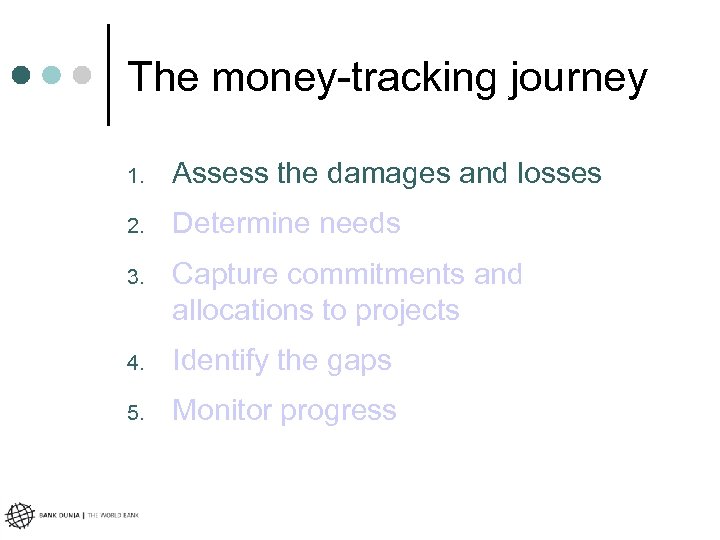 The money-tracking journey 1. Assess the damages and losses 2. Determine needs 3. Capture