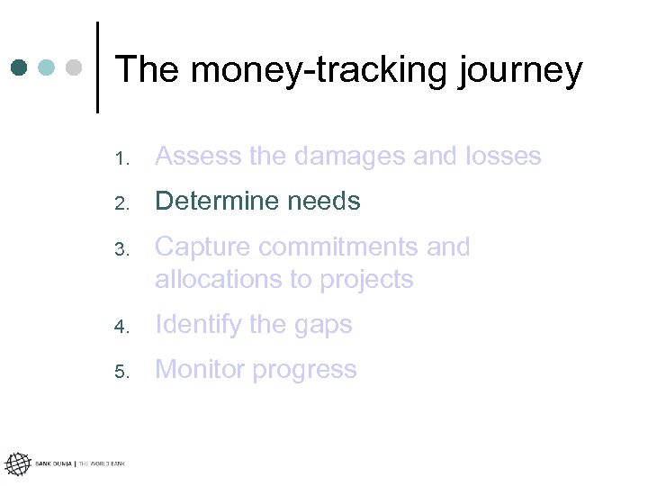 The money-tracking journey 1. Assess the damages and losses 2. Determine needs 3. Capture