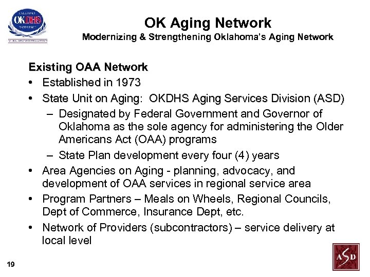 OK Aging Network Modernizing & Strengthening Oklahoma’s Aging Network Existing OAA Network • Established