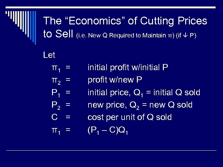 The “Economics” of Cutting Prices to Sell (i. e. New Q Required to Maintain