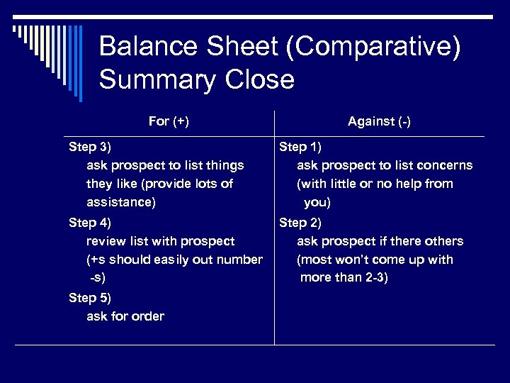 Balance Sheet (Comparative) Summary Close For (+) Against (-) Step 3) ask prospect to