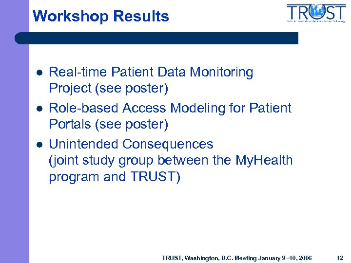 Workshop Results l l l Real-time Patient Data Monitoring Project (see poster) Role-based Access