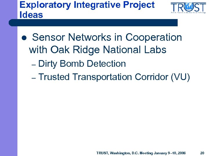 Exploratory Integrative Project Ideas l Sensor Networks in Cooperation with Oak Ridge National Labs