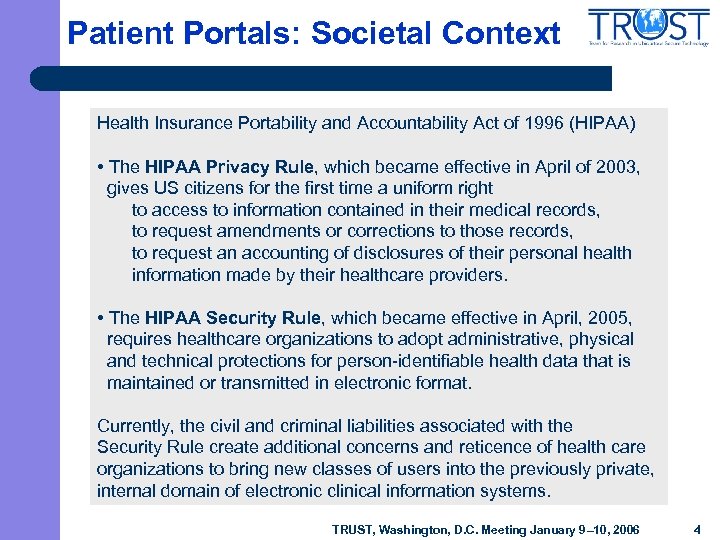 Patient Portals: Societal Context Health Insurance Portability and Accountability Act of 1996 (HIPAA) •