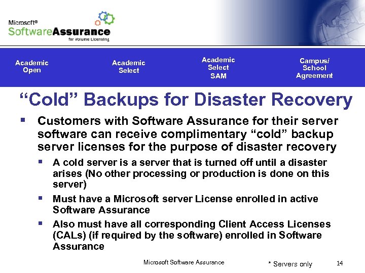 Academic Open Academic Select SAM Campus/ School Agreement “Cold” Backups for Disaster Recovery §