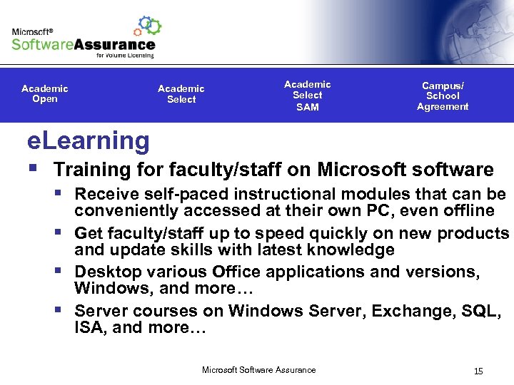 Academic Open Academic Select SAM Campus/ School Agreement e. Learning § Training for faculty/staff