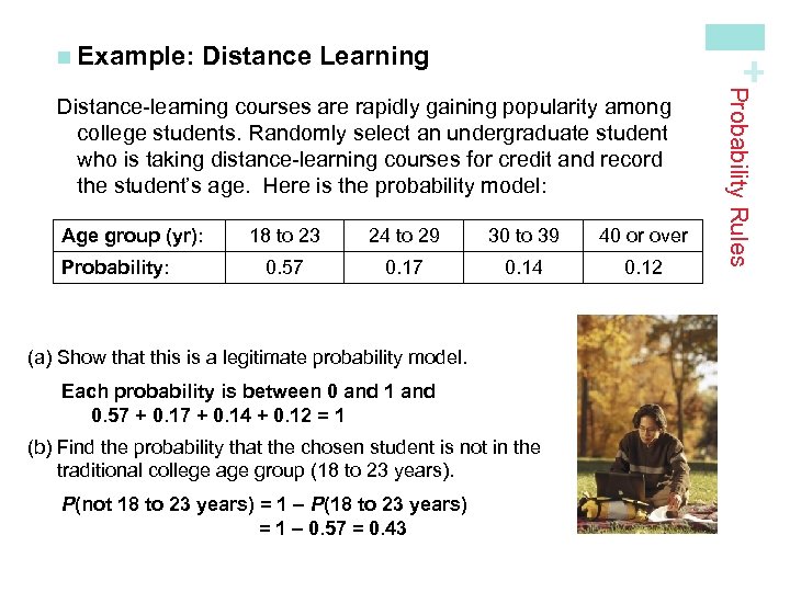 Distance Learning + n Example: Age group (yr): Probability: 18 to 23 24 to