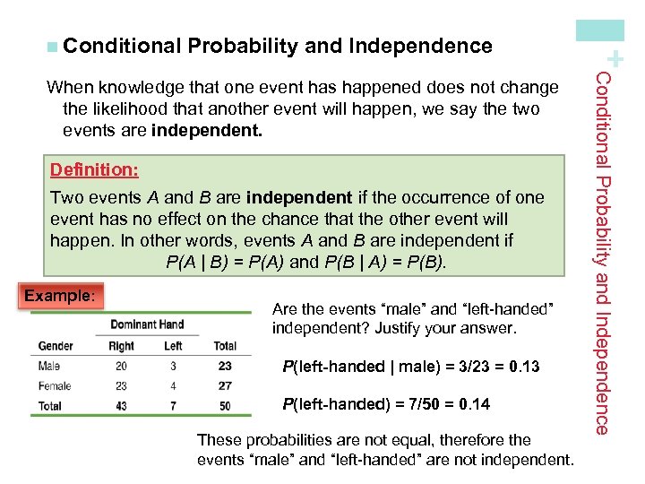 Probability and Independence Definition: Two events A and B are independent if the occurrence