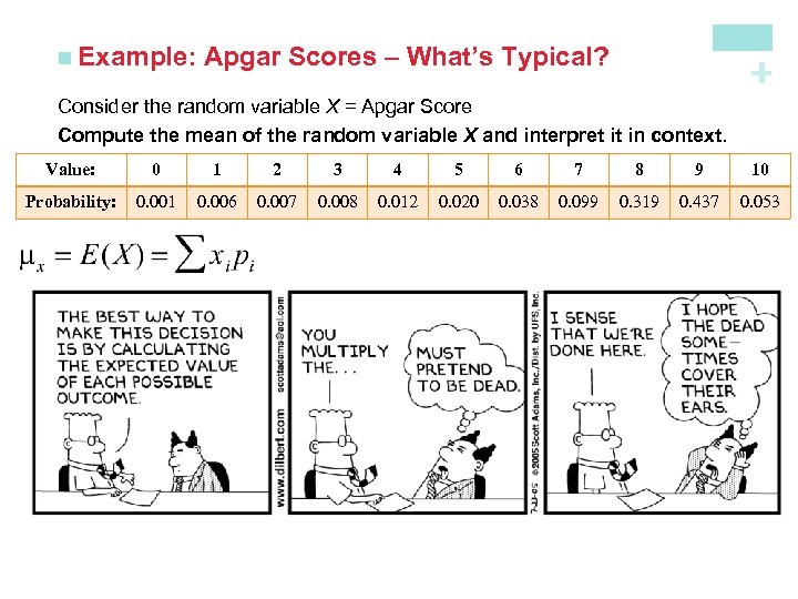 Apgar Scores – What’s Typical? + n Example: Consider the random variable X =