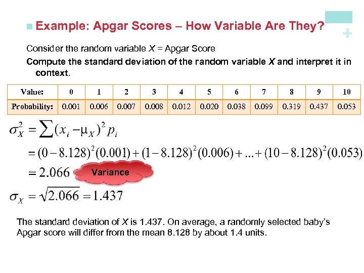 Apgar Scores – How Variable Are They? + n Example: Consider the random variable