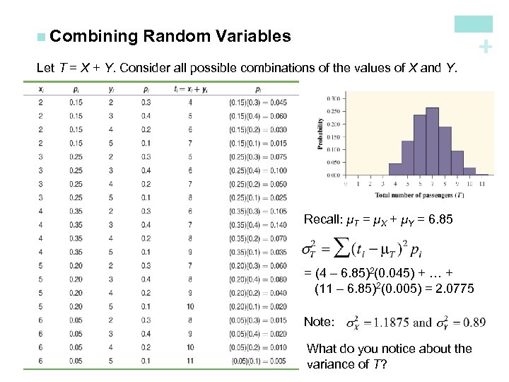 Random Variables + n Combining Let T = X + Y. Consider all possible