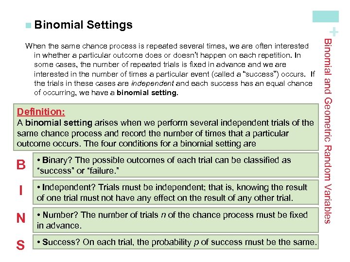 Settings Definition: A binomial setting arises when we perform several independent trials of the