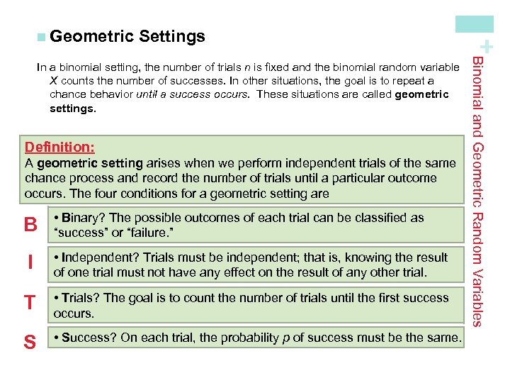 Settings Definition: A geometric setting arises when we perform independent trials of the same