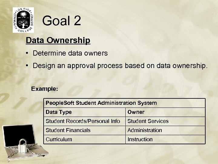 Goal 2 Data Ownership • Determine data owners • Design an approval process based