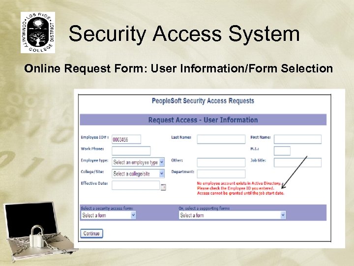 Security Access System Online Request Form: User Information/Form Selection 