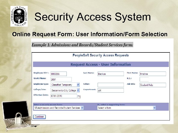 Security Access System Online Request Form: User Information/Form Selection 