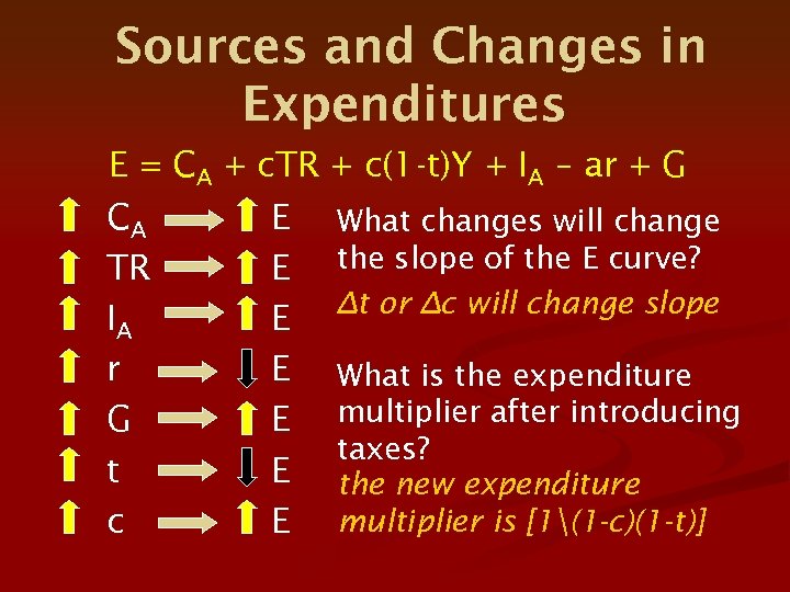 Sources and Changes in Expenditures E = CA + c. TR + c(1 -t)Y