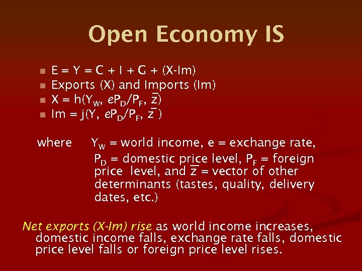 Open Economy IS n n E = Y = C + I + G