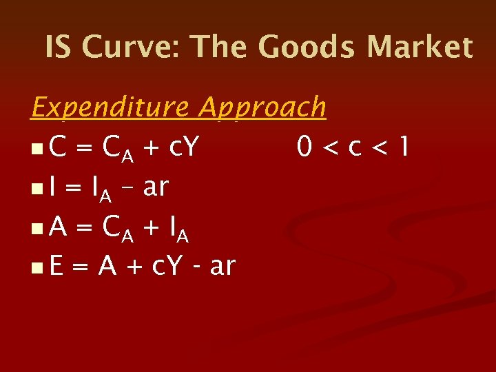 IS Curve: The Goods Market Expenditure Approach n C = CA + c. Y