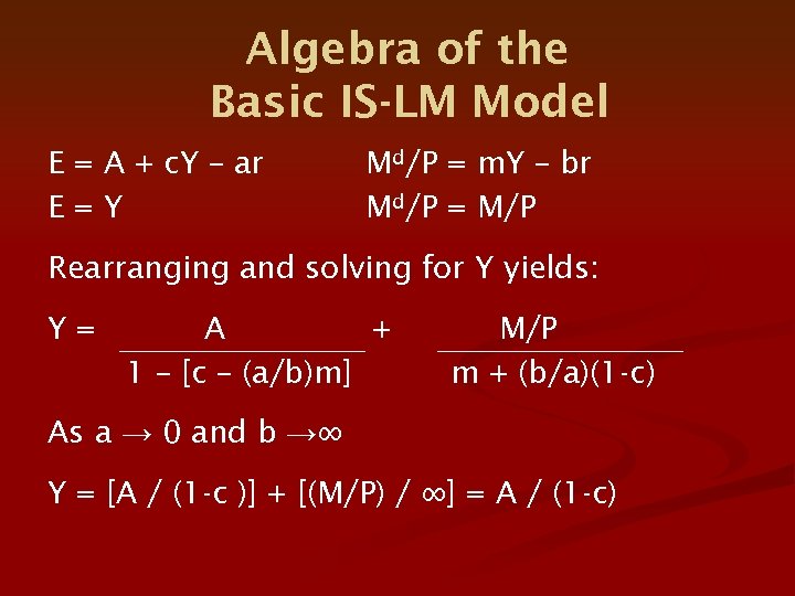 Algebra of the Basic IS-LM Model E = A + c. Y – ar