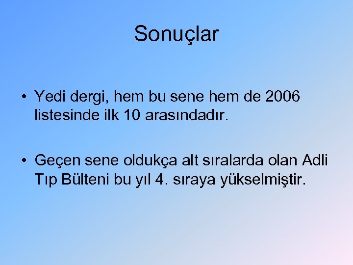 Sonuçlar • Yedi dergi, hem bu sene hem de 2006 listesinde ilk 10 arasındadır.