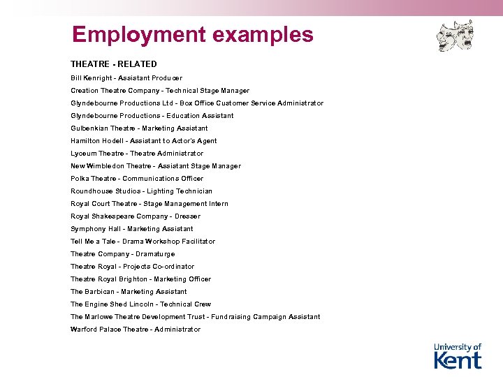 Employment examples THEATRE - RELATED Bill Kenright - Assistant Producer Creation Theatre Company -