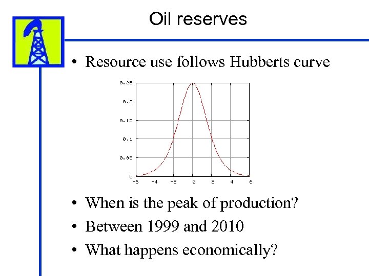 Oil reserves • Resource use follows Hubberts curve • When is the peak of