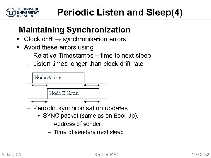 Periodic Listen and Sleep(4) Maintaining Synchronization • Clock drift → synchronisation errors • Avoid
