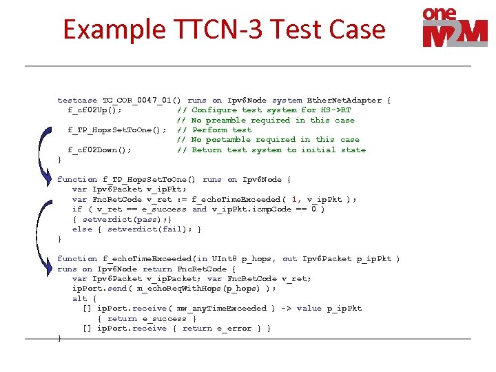 Example TTCN-3 Test Case testcase TC_COR_0047_01() runs on Ipv 6 Node system Ether. Net.