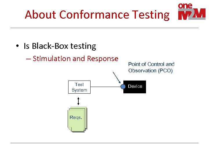 About Conformance Testing • Is Black-Box testing – Stimulation and Response Test System Point