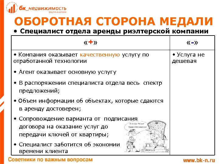 ОБОРОТНАЯ СТОРОНА МЕДАЛИ • Специалист отдела аренды риэлтерской компании «+» • Компания оказывает качественную