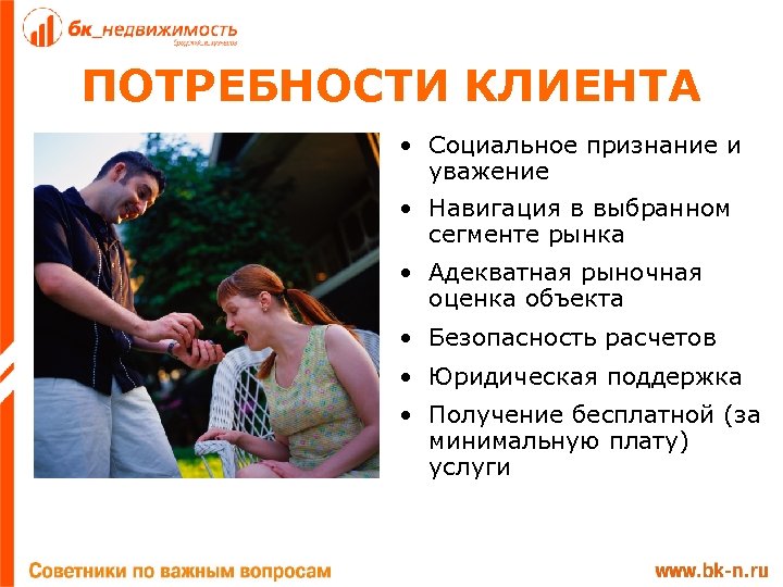 ПОТРЕБНОСТИ КЛИЕНТА • Социальное признание и уважение • Навигация в выбранном сегменте рынка •
