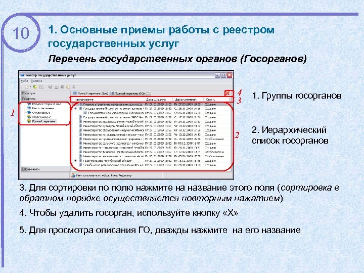 10 1. Основные приемы работы с реестром государственных услуг Перечень государственных органов (Госорганов) 4
