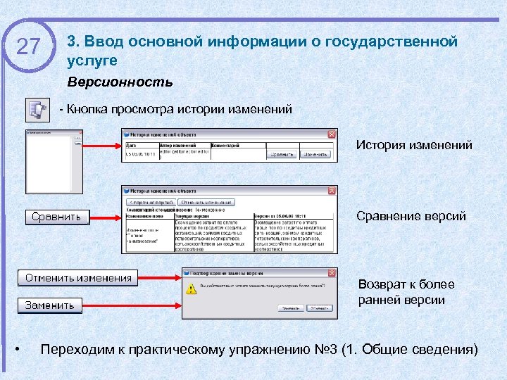 27 3. Ввод основной информации о государственной услуге Версионность - Кнопка просмотра истории изменений