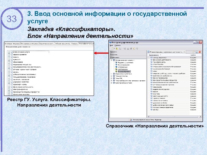 33 3. Ввод основной информации о государственной услуге Закладка «Классификаторы» . Блок «Направления деятельности»