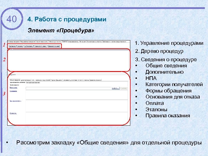 40 4. Работа с процедурами Элемент «Процедура» 1. Управление процедурами 1 2. Дерево процедур