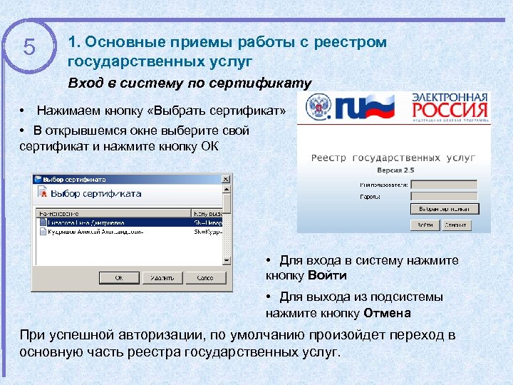5 1. Основные приемы работы с реестром государственных услуг Вход в систему по сертификату