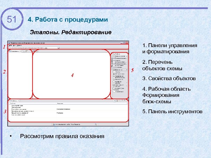 51 4. Работа с процедурами Эталоны. Редактирование 1. Панели управления и форматирования 1 2
