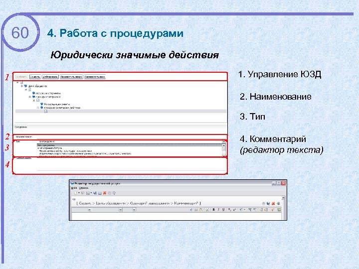 60 4. Работа с процедурами Юридически значимые действия 1 1. Управление ЮЗД 2. Наименование