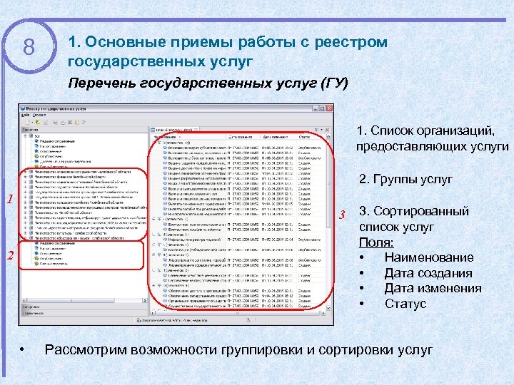 8 1. Основные приемы работы с реестром государственных услуг Перечень государственных услуг (ГУ) 1.